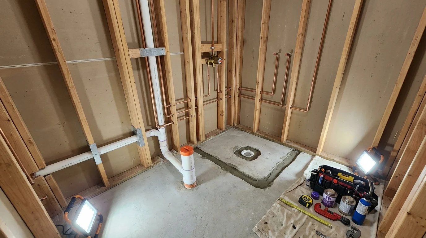 Bathroom rough-in plumbing during remodel by Johns Plumbing LLC in Hackettstown