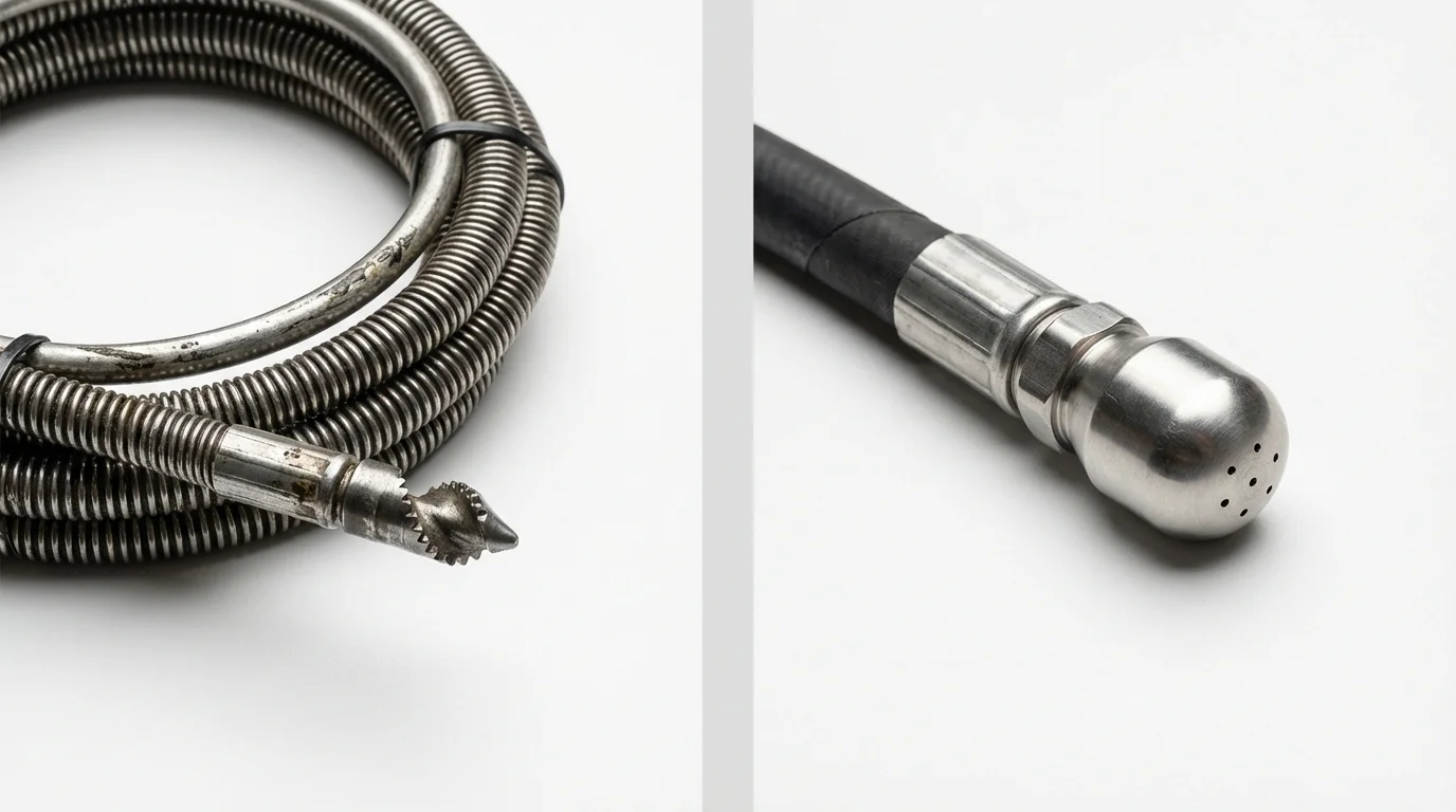 Drain snake cable and hydro jetting nozzle used for drain cleaning in Hackettstown, NJ