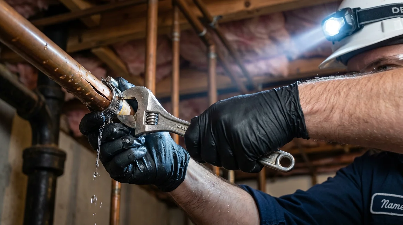 Emergency pipe clamp repair being performed by a Johns Plumbing LLC plumber in Hackettstown