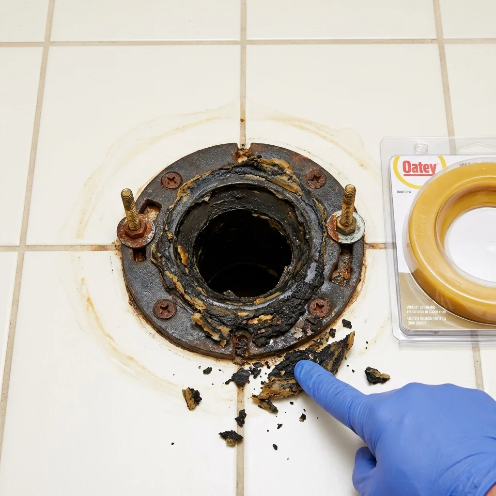 Failed wax ring showing water seepage at the base of a toilet in a Hackettstown, NJ home